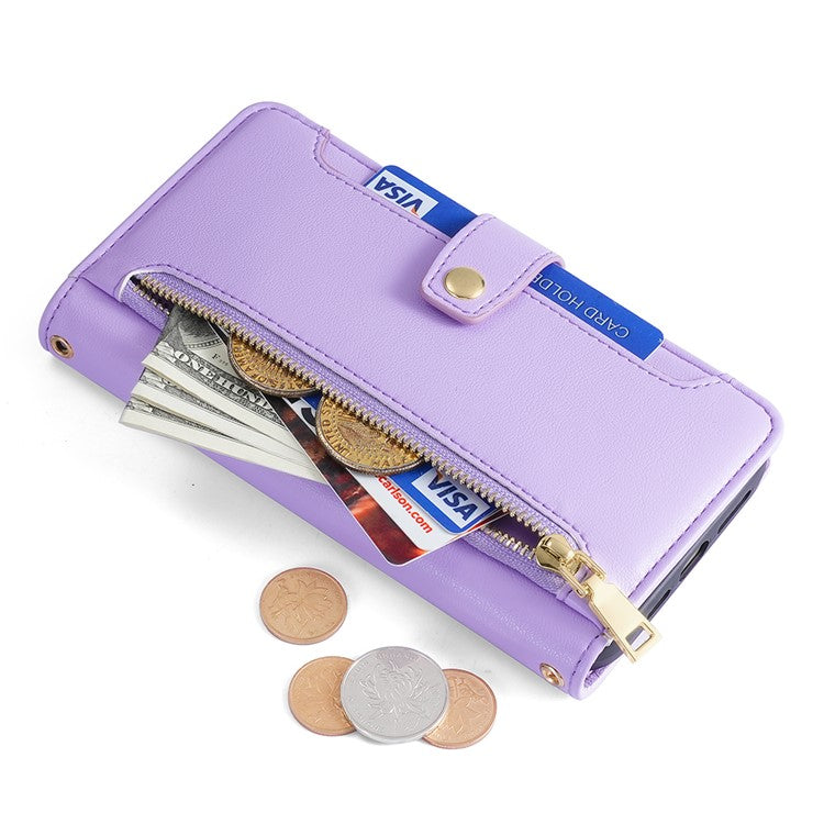 Phone Case for Honor X9a 5G / X40 5G / Magic5 Lite 5G PU Leather Zipper Pocket Card Slots Phone Cover with Straps - Purple