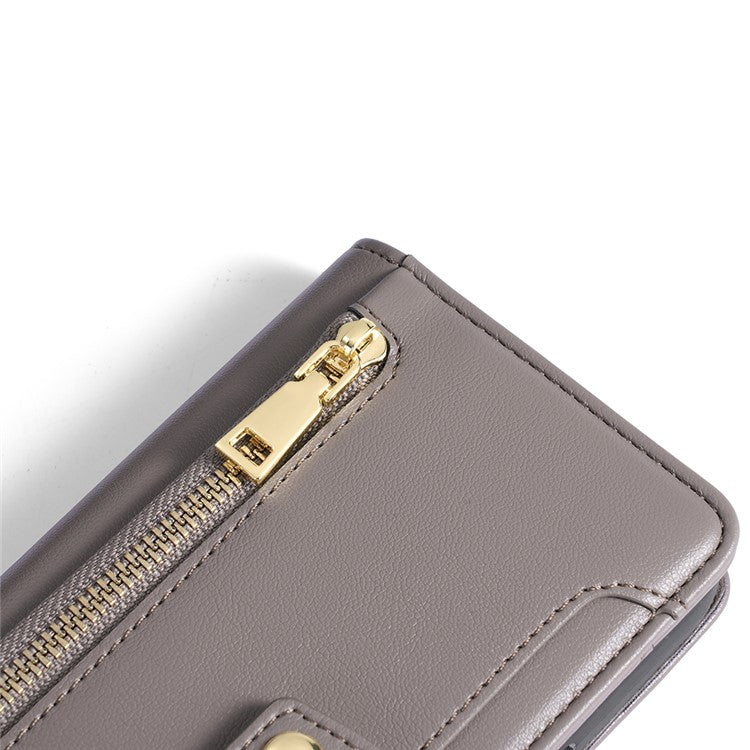Phone Case for Honor X9a 5G / X40 5G / Magic5 Lite 5G PU Leather Zipper Pocket Card Slots Phone Cover with Straps - Grey