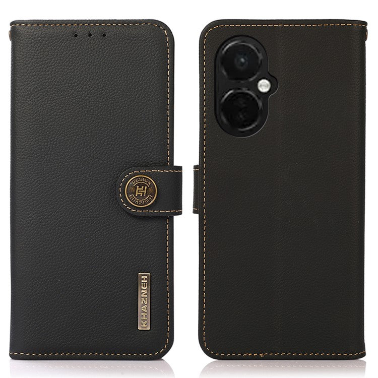KHAZNEH For OnePlus Nord CE 3 Lite 5G / Nord N30 5G RFID Blocking Phone Wallet Case Genuine Leather Stand Phone Cover - Black