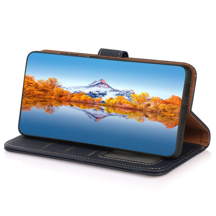 KHAZNEH For OnePlus Nord CE 3 Lite 5G / Nord N30 5G RFID Blocking Phone Wallet Case Genuine Leather Stand Phone Cover - Blue