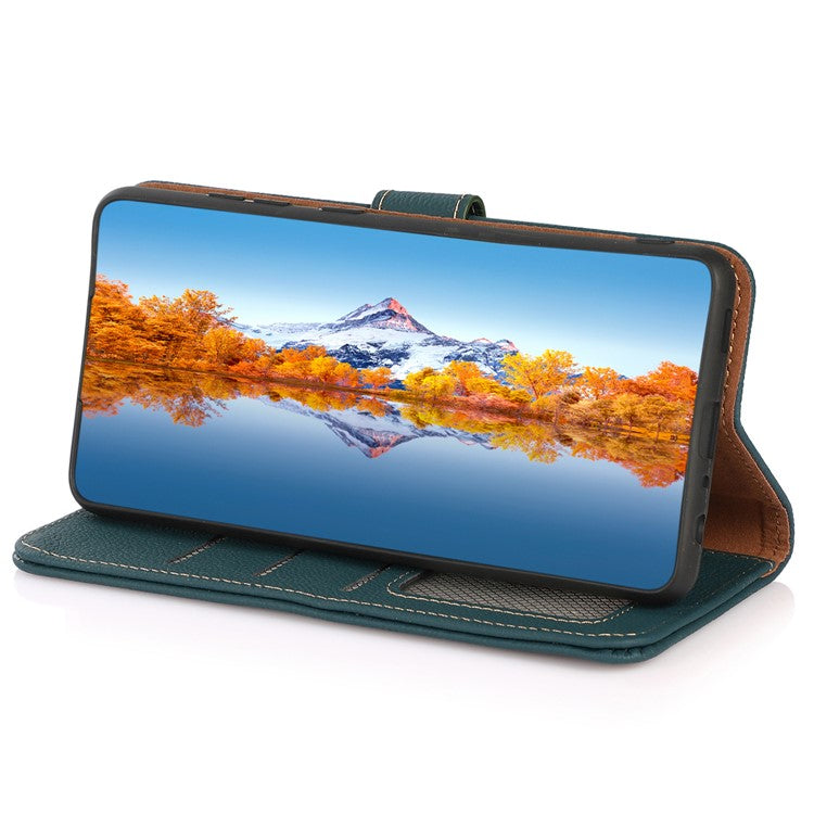 KHAZNEH For OnePlus Nord CE 3 Lite 5G / Nord N30 5G RFID Blocking Phone Wallet Case Genuine Leather Stand Phone Cover - Green