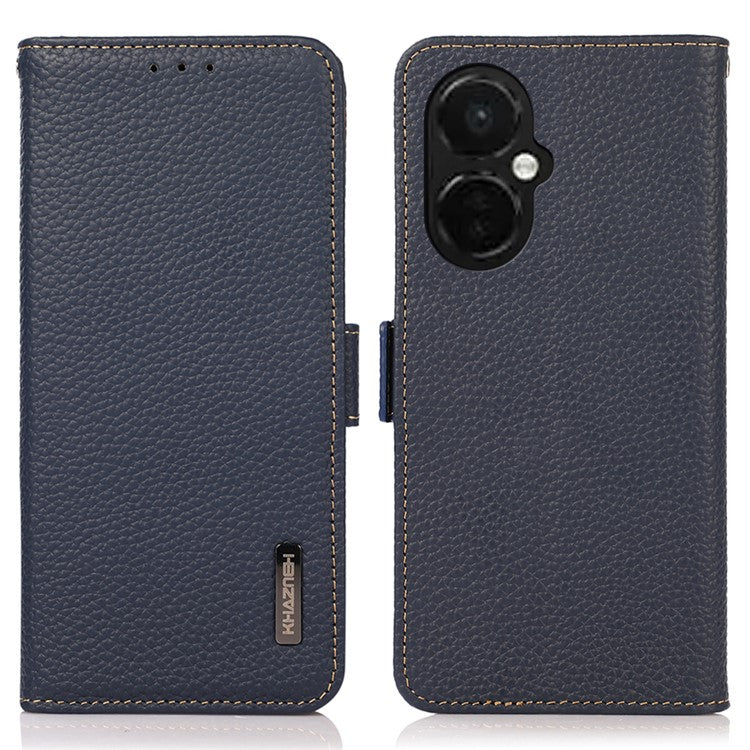 KHAZNEH For OnePlus Nord CE 3 Lite 5G / Nord N30 5G RFID Blocking Phone Case Genuine Cow Leather Wallet Stand Smartphone Cover - Blue