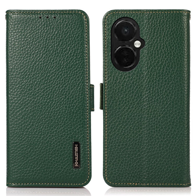 KHAZNEH For OnePlus Nord CE 3 Lite 5G / Nord N30 5G RFID Blocking Phone Case Genuine Cow Leather Wallet Stand Smartphone Cover - Green