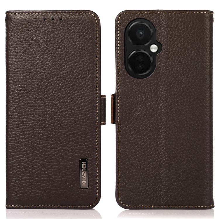 KHAZNEH For OnePlus Nord CE 3 Lite 5G / Nord N30 5G RFID Blocking Phone Case Genuine Cow Leather Wallet Stand Smartphone Cover - Brown