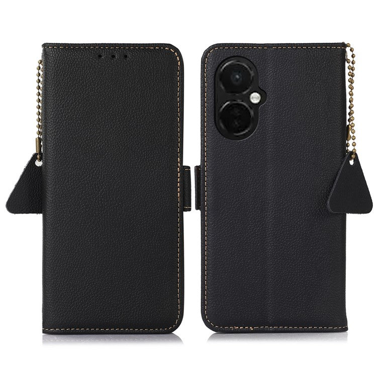 TJ RFID Blocking Phone Case for OnePlus Nord CE 3 Lite 5G / Nord N30 5G Genuine Cow Leather Wallet Stand Phone Cover - Black