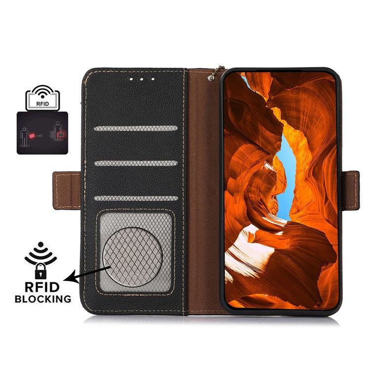 TJ RFID Blocking Phone Case for OnePlus Nord CE 3 Lite 5G / Nord N30 5G Genuine Cow Leather Wallet Stand Phone Cover - Black