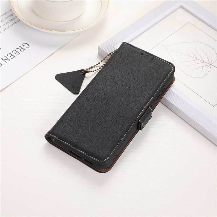 TJ RFID Blocking Phone Case for OnePlus Nord CE 3 Lite 5G / Nord N30 5G Genuine Cow Leather Wallet Stand Phone Cover - Black