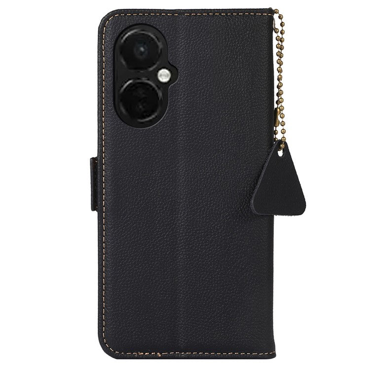 TJ RFID Blocking Phone Case for OnePlus Nord CE 3 Lite 5G / Nord N30 5G Genuine Cow Leather Wallet Stand Phone Cover - Black