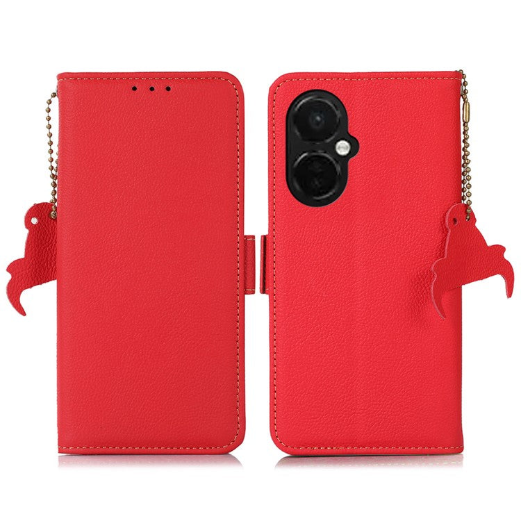 TJ RFID Blocking Phone Case for OnePlus Nord CE 3 Lite 5G / Nord N30 5G Genuine Cow Leather Wallet Stand Phone Cover - Red