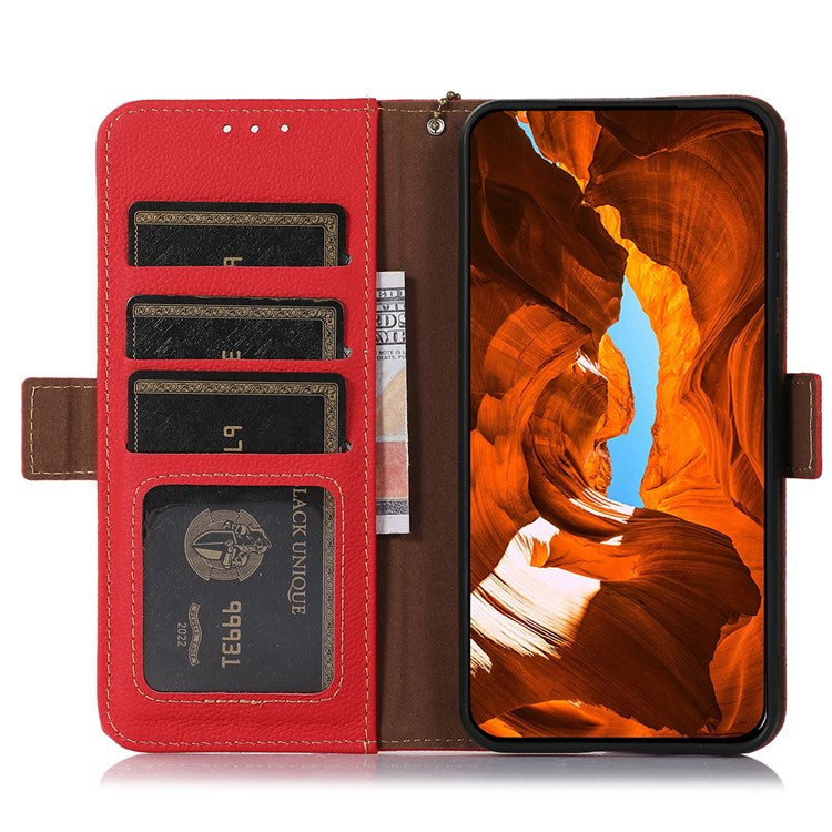 TJ RFID Blocking Phone Case for OnePlus Nord CE 3 Lite 5G / Nord N30 5G Genuine Cow Leather Wallet Stand Phone Cover - Red