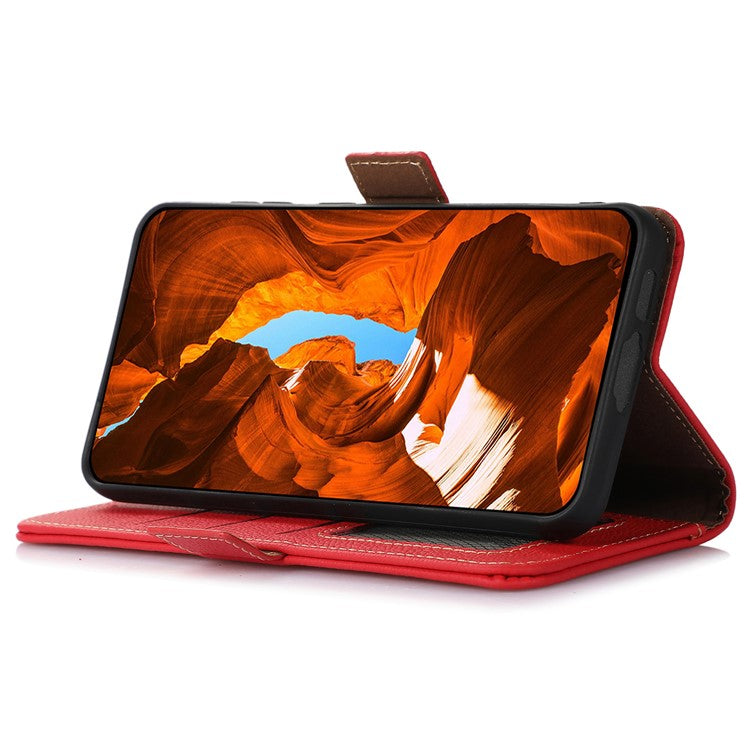 TJ RFID Blocking Phone Case for OnePlus Nord CE 3 Lite 5G / Nord N30 5G Genuine Cow Leather Wallet Stand Phone Cover - Red