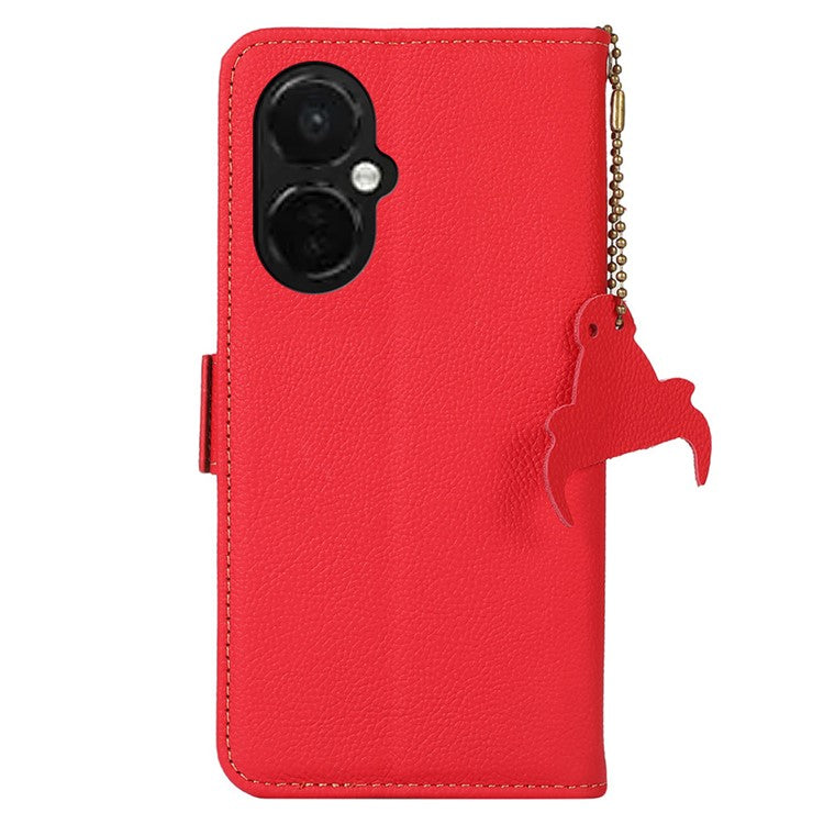 TJ RFID Blocking Phone Case for OnePlus Nord CE 3 Lite 5G / Nord N30 5G Genuine Cow Leather Wallet Stand Phone Cover - Red