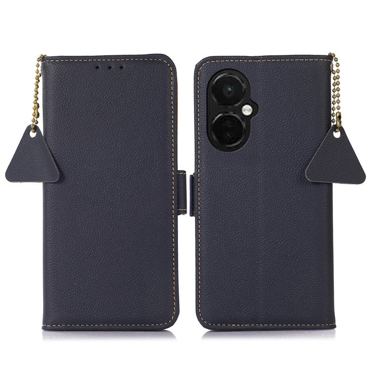 TJ RFID Blocking Phone Case for OnePlus Nord CE 3 Lite 5G / Nord N30 5G Genuine Cow Leather Wallet Stand Phone Cover - Blue
