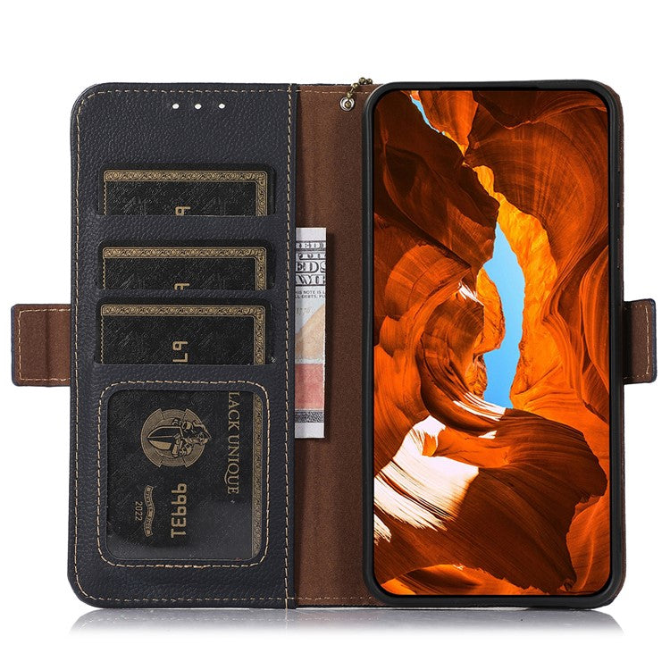 TJ RFID Blocking Phone Case for OnePlus Nord CE 3 Lite 5G / Nord N30 5G Genuine Cow Leather Wallet Stand Phone Cover - Blue