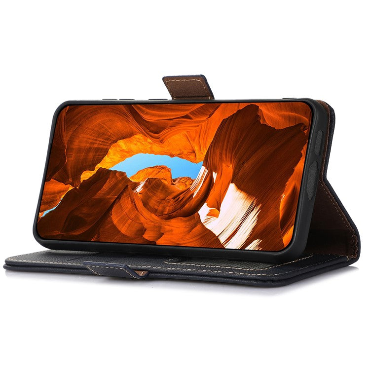 TJ RFID Blocking Phone Case for OnePlus Nord CE 3 Lite 5G / Nord N30 5G Genuine Cow Leather Wallet Stand Phone Cover - Blue