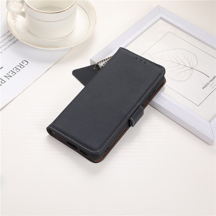 TJ RFID Blocking Phone Case for OnePlus Nord CE 3 Lite 5G / Nord N30 5G Genuine Cow Leather Wallet Stand Phone Cover - Blue