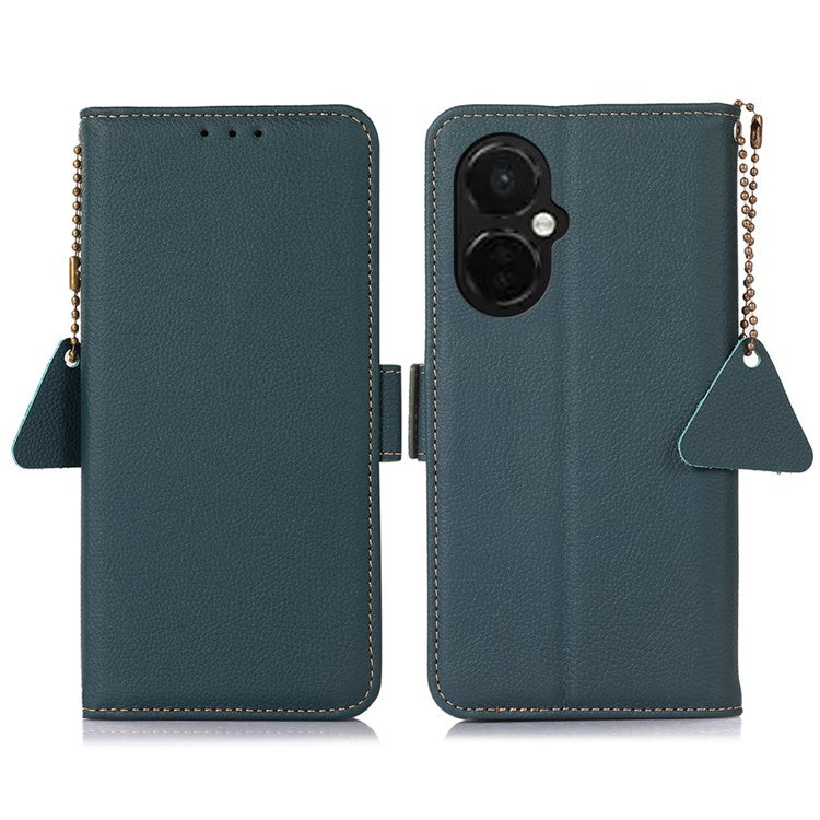 TJ RFID Blocking Phone Case for OnePlus Nord CE 3 Lite 5G / Nord N30 5G Genuine Cow Leather Wallet Stand Phone Cover - Green