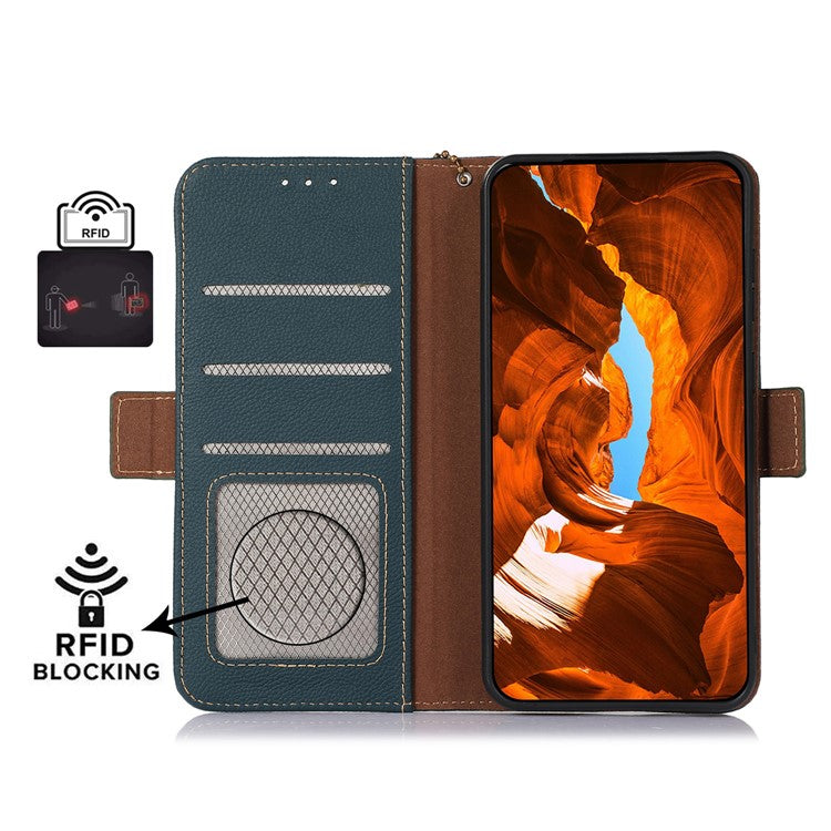 TJ RFID Blocking Phone Case for OnePlus Nord CE 3 Lite 5G / Nord N30 5G Genuine Cow Leather Wallet Stand Phone Cover - Green
