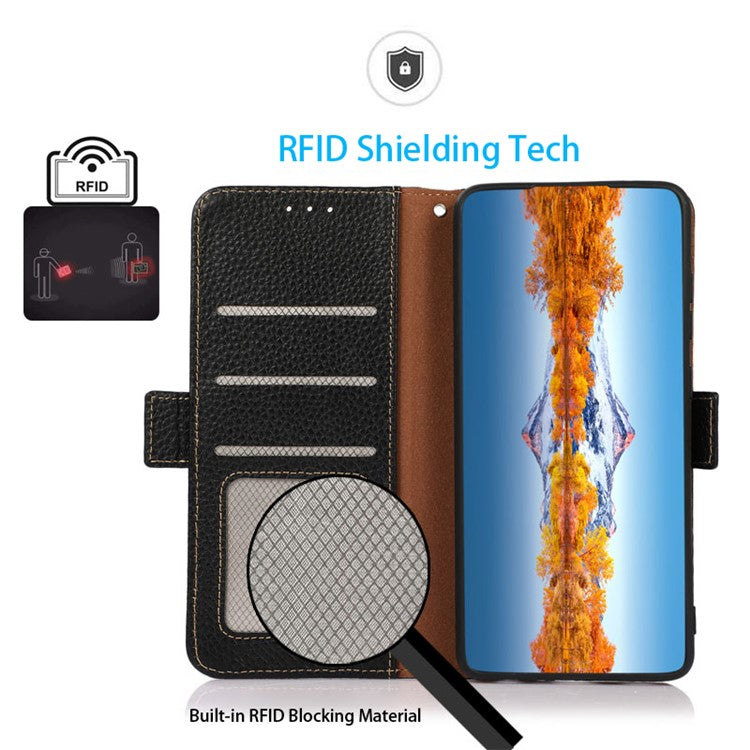 KHAZNEH For Oppo Reno8 T 4G RFID Blocking Protective Phone Case Genuine Leather Phone Cover Stand Wallet - Black