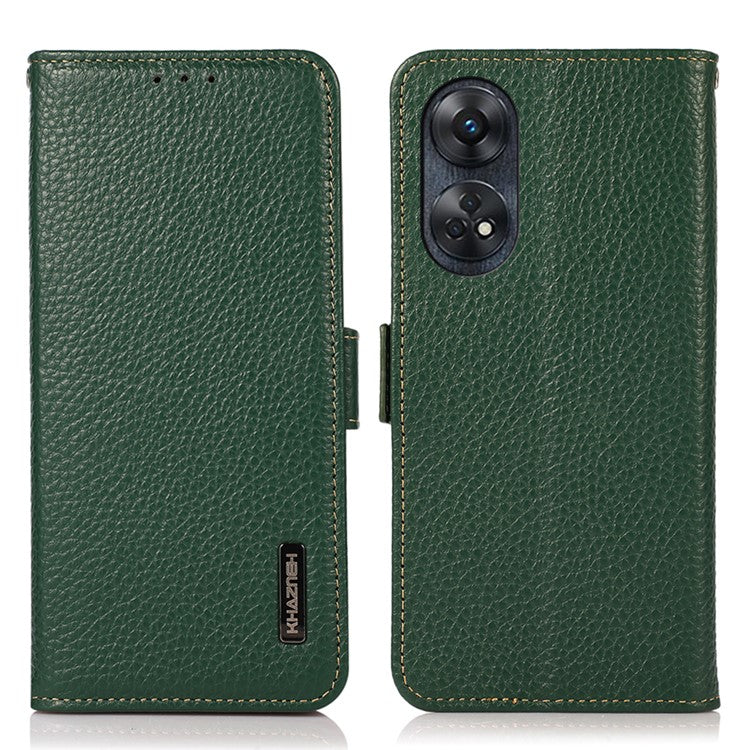 KHAZNEH For Oppo Reno8 T 4G RFID Blocking Protective Phone Case Genuine Leather Phone Cover Stand Wallet - Green