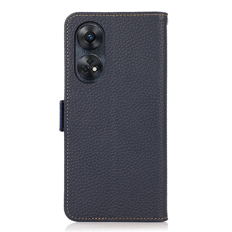 KHAZNEH For Oppo Reno8 T 4G RFID Blocking Protective Phone Case Genuine Leather Phone Cover Stand Wallet - Blue