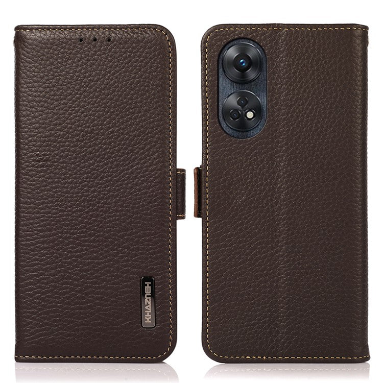 KHAZNEH For Oppo Reno8 T 4G RFID Blocking Protective Phone Case Genuine Leather Phone Cover Stand Wallet - Brown
