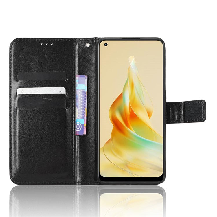 Phone Leather Case for Oppo Reno8 T 4G Wallet Stand Crazy Horse Texture Phone Cover - Black