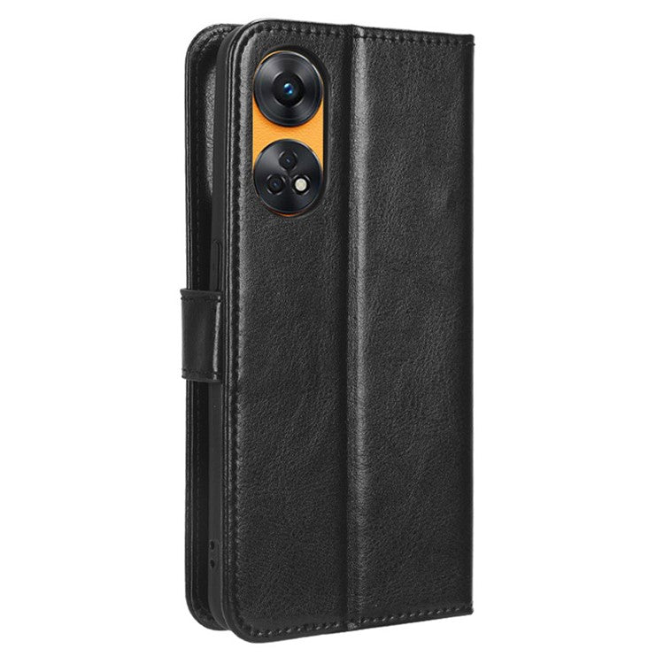 Phone Leather Case for Oppo Reno8 T 4G Wallet Stand Crazy Horse Texture Phone Cover - Black