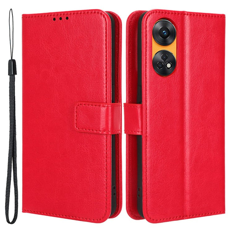 Phone Leather Case for Oppo Reno8 T 4G Wallet Stand Crazy Horse Texture Phone Cover - Red