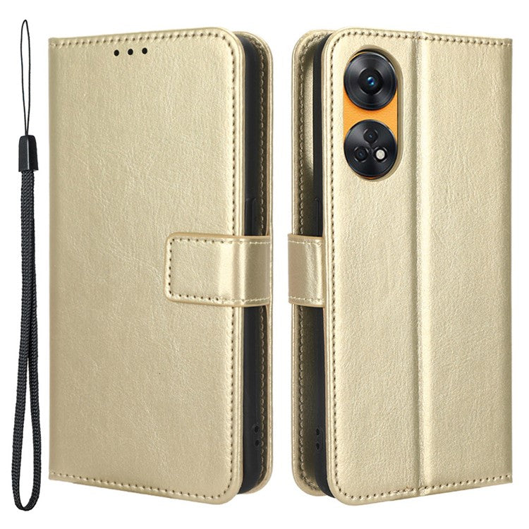 Phone Leather Case for Oppo Reno8 T 4G Wallet Stand Crazy Horse Texture Phone Cover - Gold