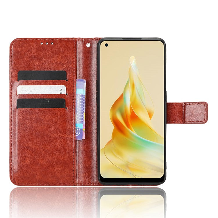 Phone Leather Case for Oppo Reno8 T 4G Wallet Stand Crazy Horse Texture Phone Cover - Brown