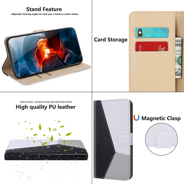 PU Leather Phone Case for Oppo A17 4G Three-color Splicing Stand Wallet Phone Cover - Black / White / Grey