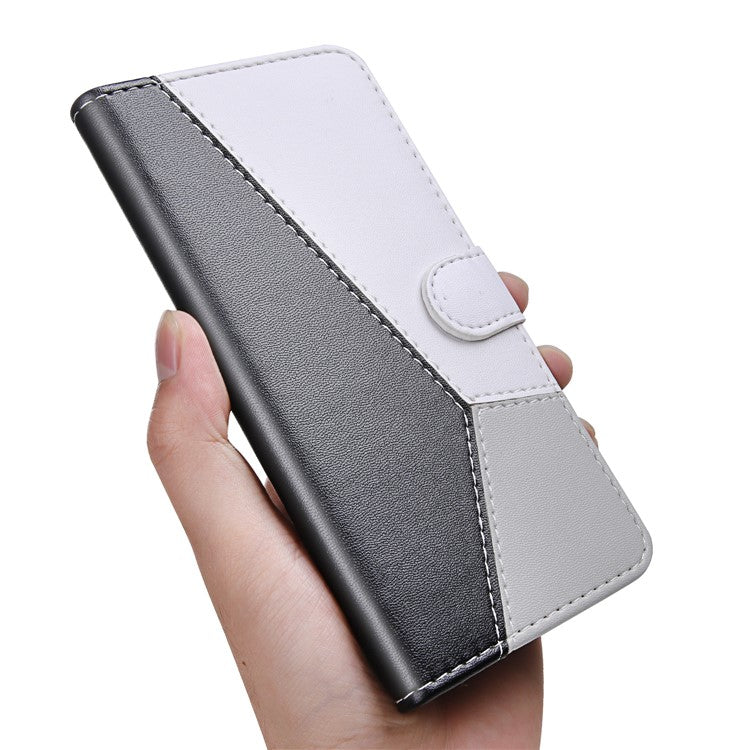 PU Leather Phone Case for Oppo A17 4G Three-color Splicing Stand Wallet Phone Cover - Black / White / Grey