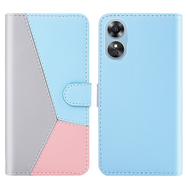 PU Leather Phone Case for Oppo A17 4G Three-color Splicing Stand Wallet Phone Cover - Grey / Blue / Pink