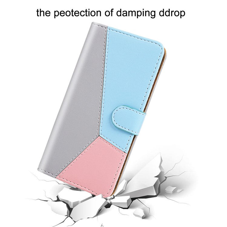 PU Leather Phone Case for Oppo A17 4G Three-color Splicing Stand Wallet Phone Cover - Grey / Blue / Pink