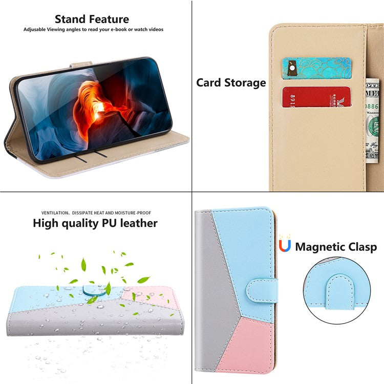 PU Leather Phone Case for Oppo A17 4G Three-color Splicing Stand Wallet Phone Cover - Grey / Blue / Pink
