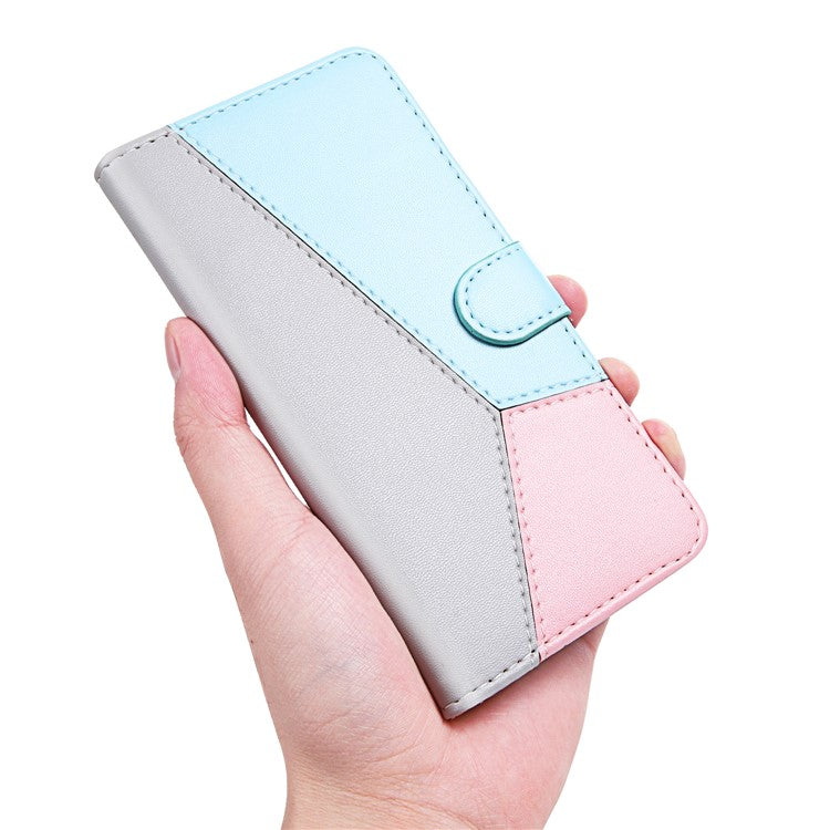 PU Leather Phone Case for Oppo A17 4G Three-color Splicing Stand Wallet Phone Cover - Grey / Blue / Pink