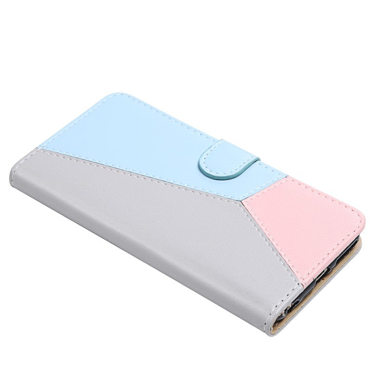 PU Leather Phone Case for Oppo A17 4G Three-color Splicing Stand Wallet Phone Cover - Grey / Blue / Pink