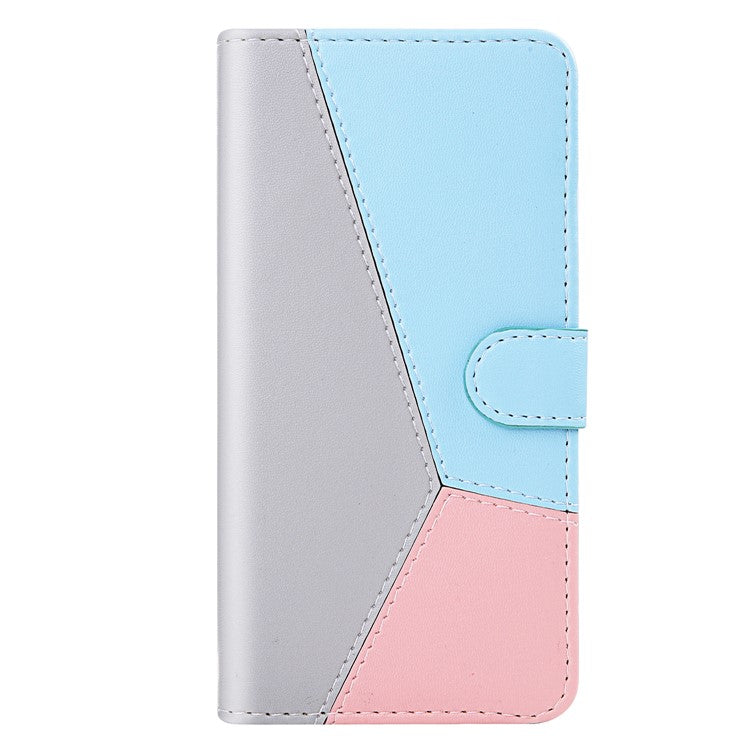 PU Leather Phone Case for Oppo A17 4G Three-color Splicing Stand Wallet Phone Cover - Grey / Blue / Pink