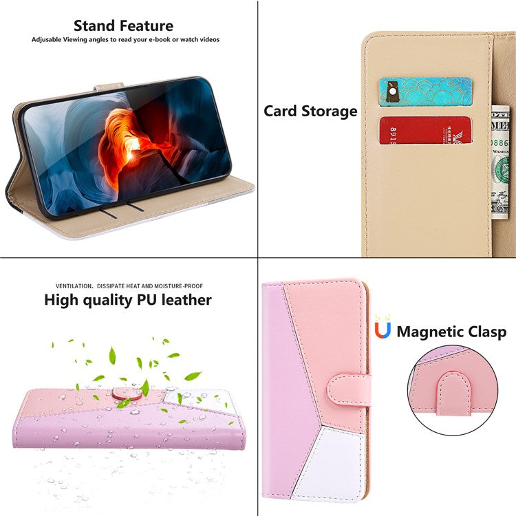 PU Leather Phone Case for Oppo A17 4G Three-color Splicing Stand Wallet Phone Cover - Purple / Pink / White