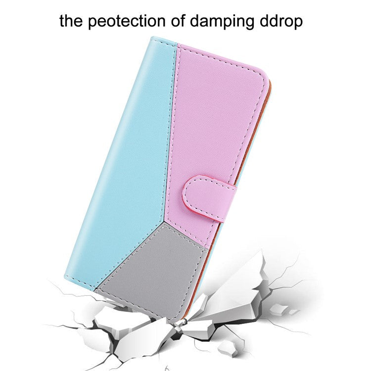 PU Leather Phone Case for Oppo A17 4G Three-color Splicing Stand Wallet Phone Cover - Blue / Purple / Grey