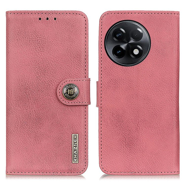KHAZNEH For OnePlus Ace 2 5G / 11R 5G Cowhide Texture Leather Phone Case Anti-shock Flip Cover Wallet Stand - Pink