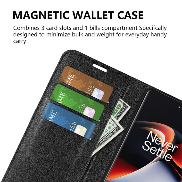 Shockproof Phone Case for OnePlus Ace 2 5G / 11R 5G Litchi Texture Wallet Phone Cover with Stand - Black