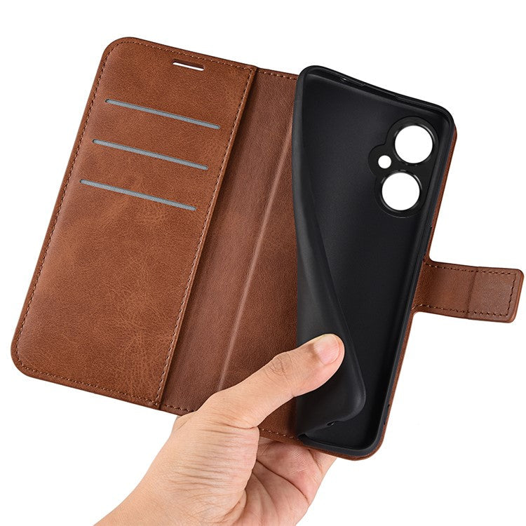 For OnePlus Nord CE 3 Lite 5G / Nord N30 5G Leather Calf Texture Stand Wallet Phone Case Square Magnetic Phone Cover - Light Brown