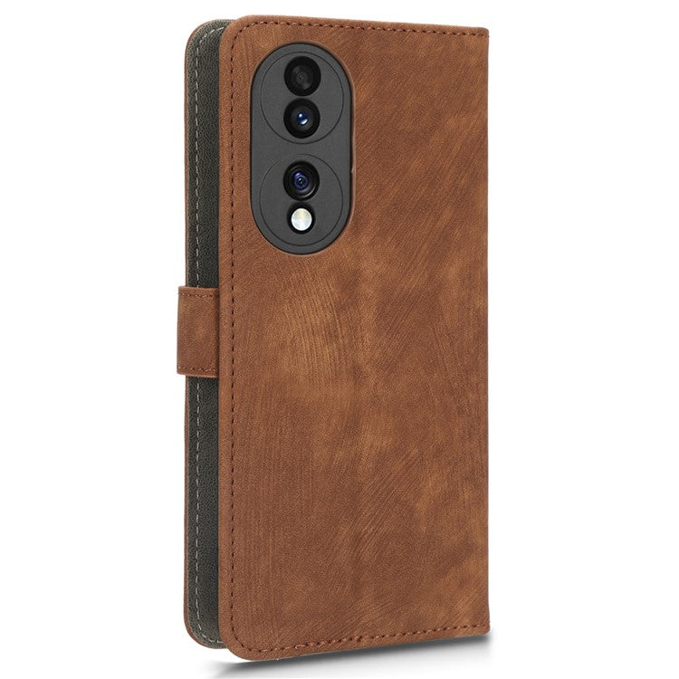 For Honor 70 5G RFID Blocking PU Leather Wallet Phone Case Folding Stand Cover with Hand Strap - Brown