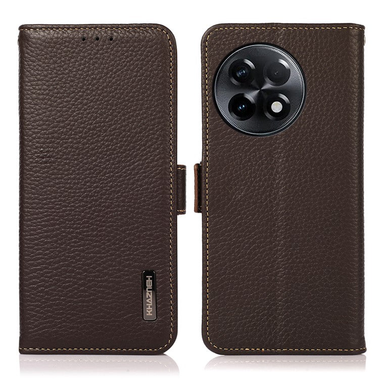 KHAZNEH For OnePlus Ace 2 5G / 11R 5G Stand Wallet Phone Case RFID Blocking Genuine Cow Leather Protective Cover - Brown