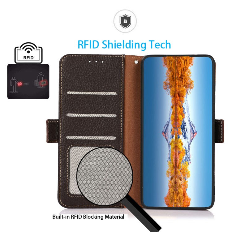 KHAZNEH For OnePlus Ace 2 5G / 11R 5G Stand Wallet Phone Case RFID Blocking Genuine Cow Leather Protective Cover - Brown