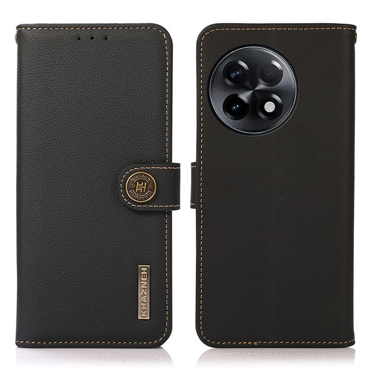 KHAZNEH For OnePlus Ace 2 5G / 11R 5G Wallet Phone Case RFID Blocking Genuine Cow Leather Cell Phone Stand Cover - Black