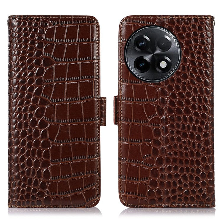 RFID Blocking Phone Case for OnePlus Ace 2 5G / 11R 5G Genuine Cowhide Leather Phone Stand Wallet Cover - Brown