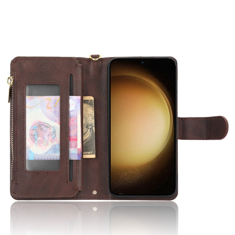 For Samsung Galaxy S23 Wallet Zipper Pocket Phone Case Shockproof Phone Cover with 2 Straps - Brown